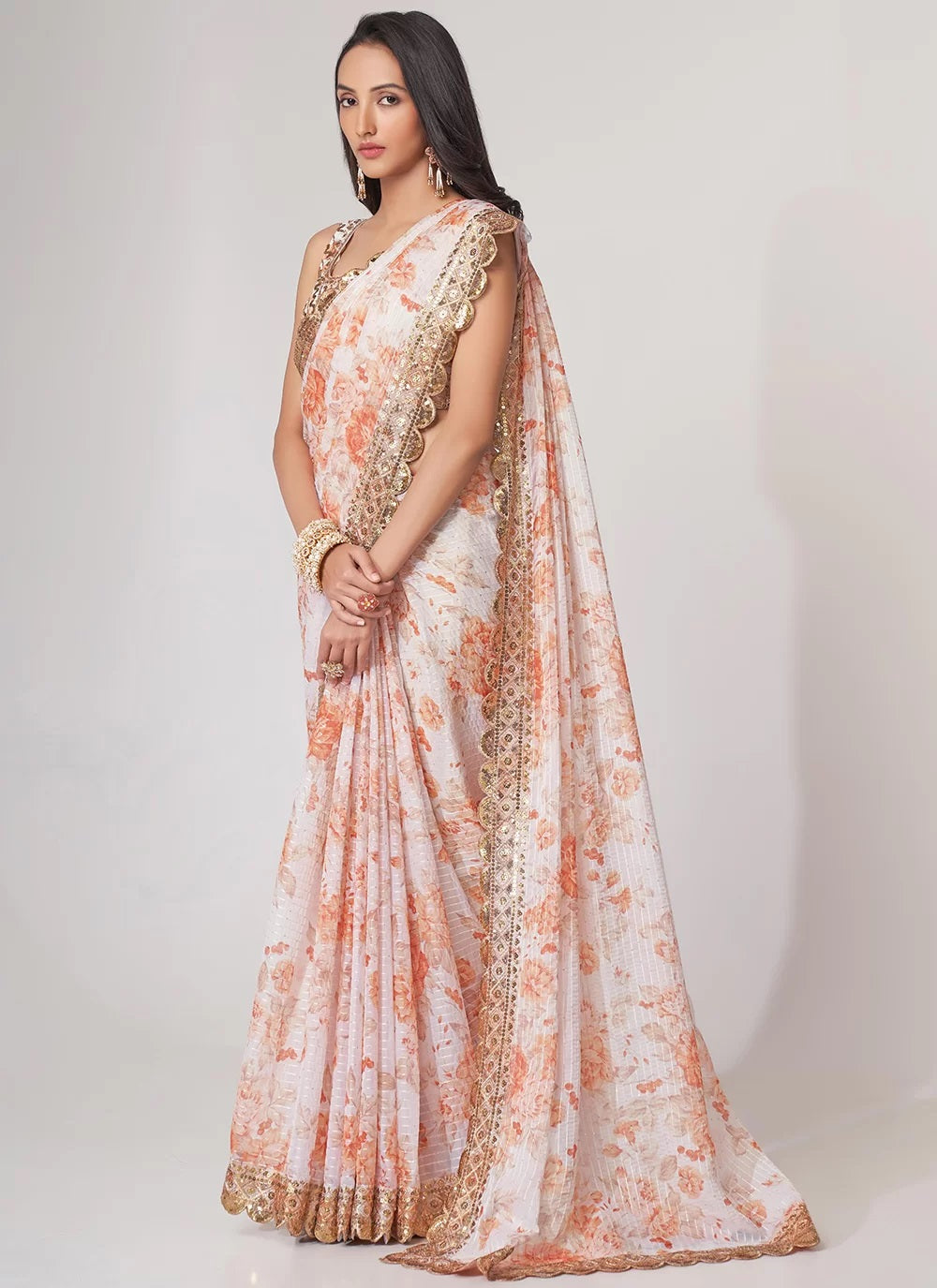 White digital printed organza contemporary saree