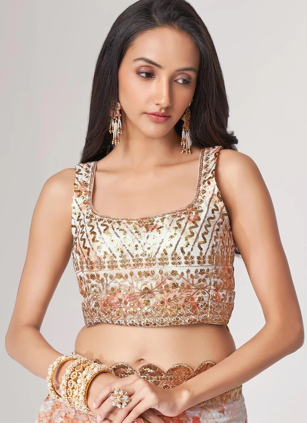 White digital printed organza contemporary saree