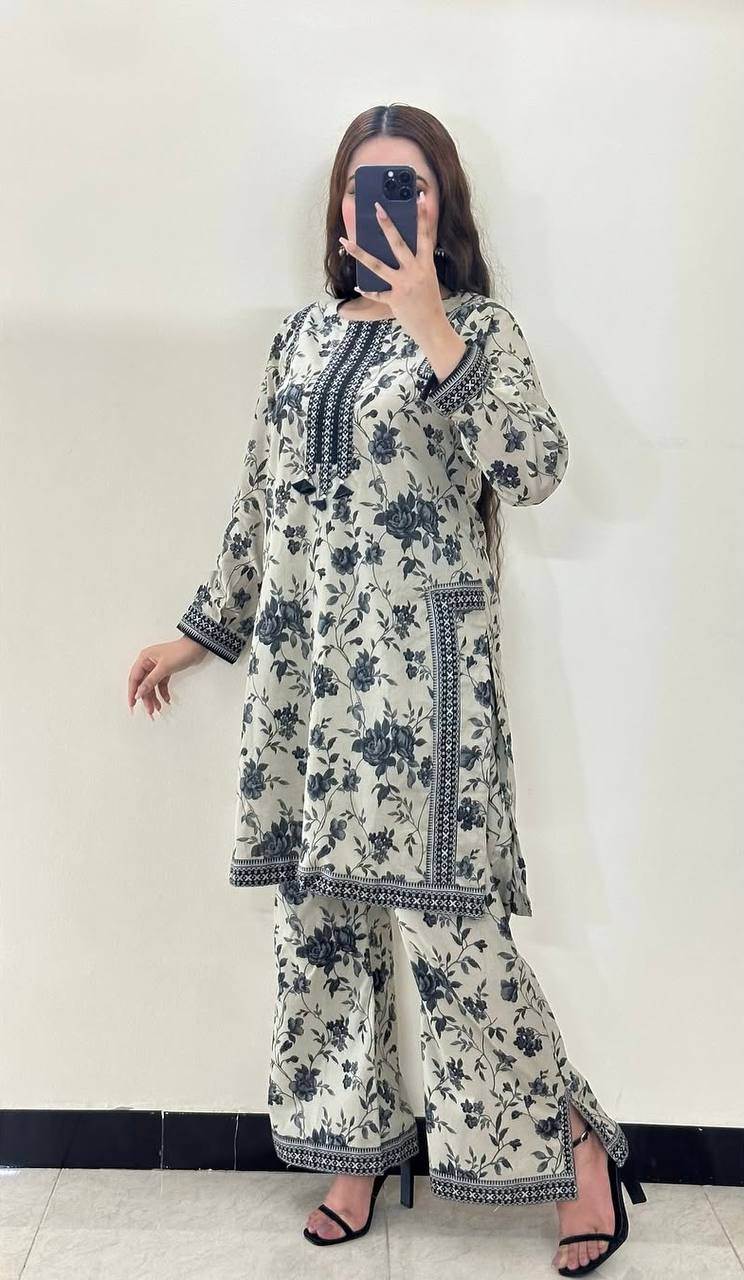 White Digital Printed Pure Natural Crepe Kurti Plazzo Set with Printed Chiffon Georgette Dupatta – Fully Stitched