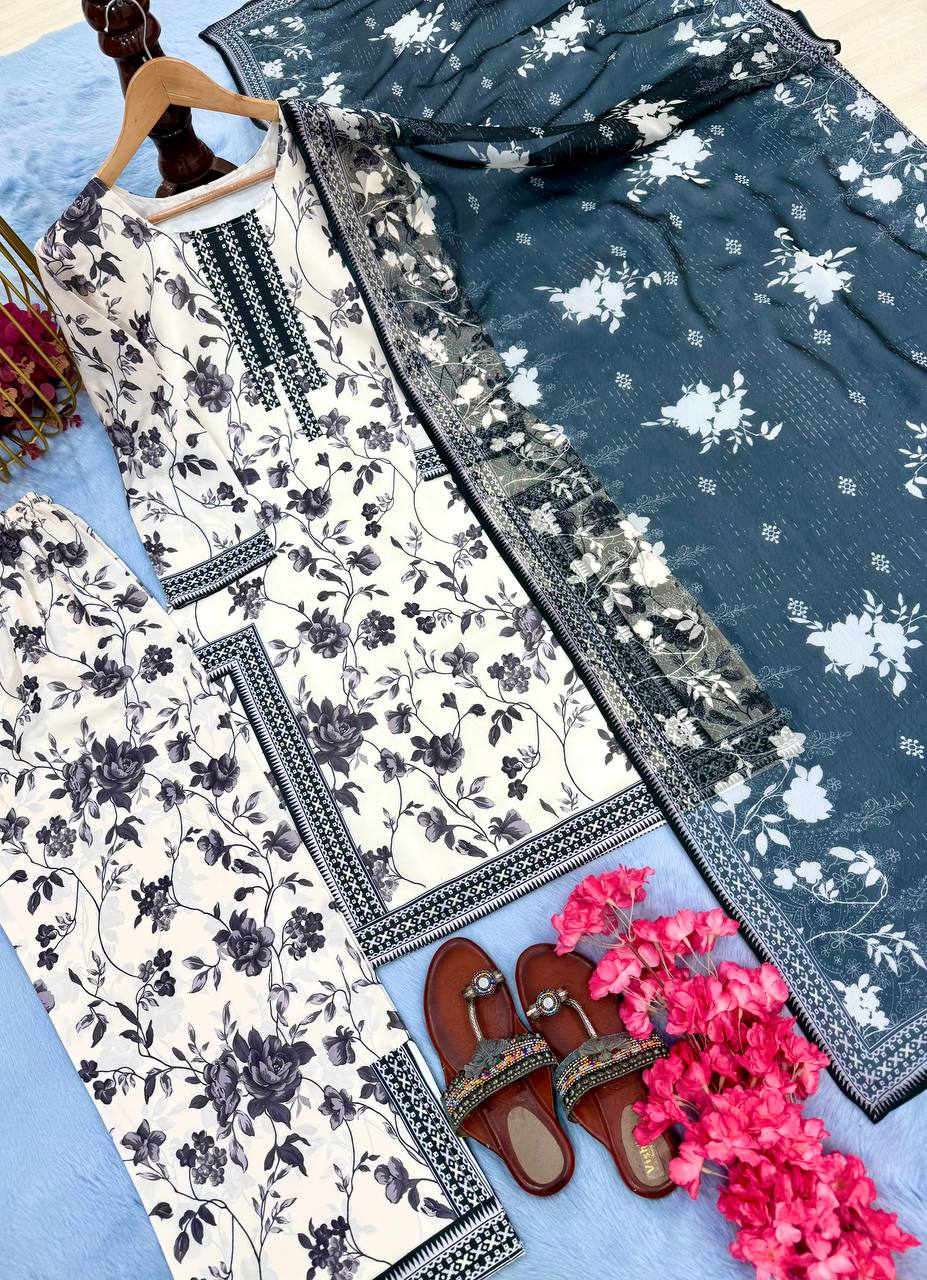 White Digital Printed Pure Natural Crepe Kurti Plazzo Set with Printed Chiffon Georgette Dupatta – Fully Stitched