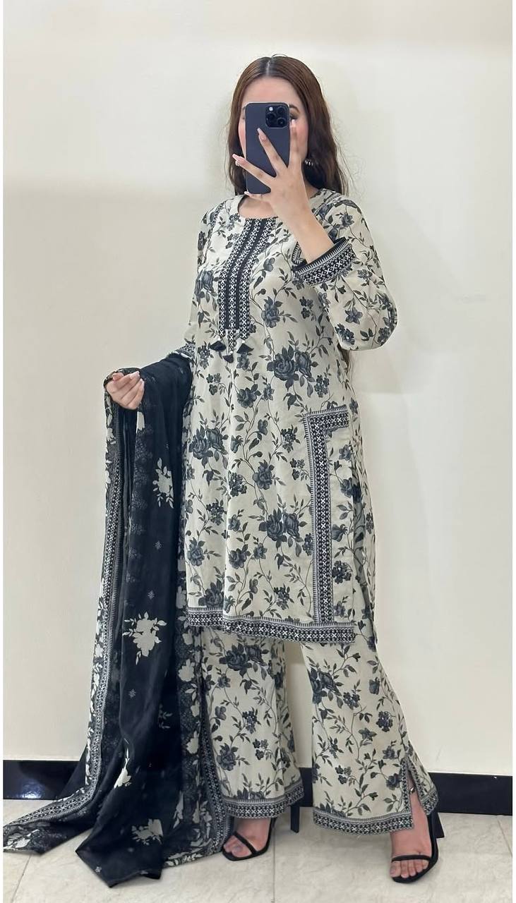 White Digital Printed Pure Natural Crepe Kurti Plazzo Set with Printed Chiffon Georgette Dupatta – Fully Stitched