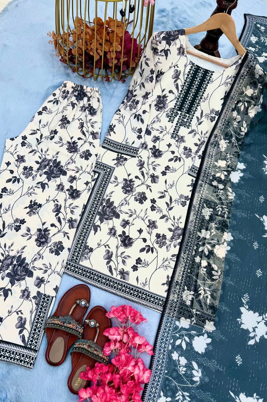 White Digital Printed Pure Natural Crepe Kurti Plazzo Set with Printed Chiffon Georgette Dupatta – Fully Stitched