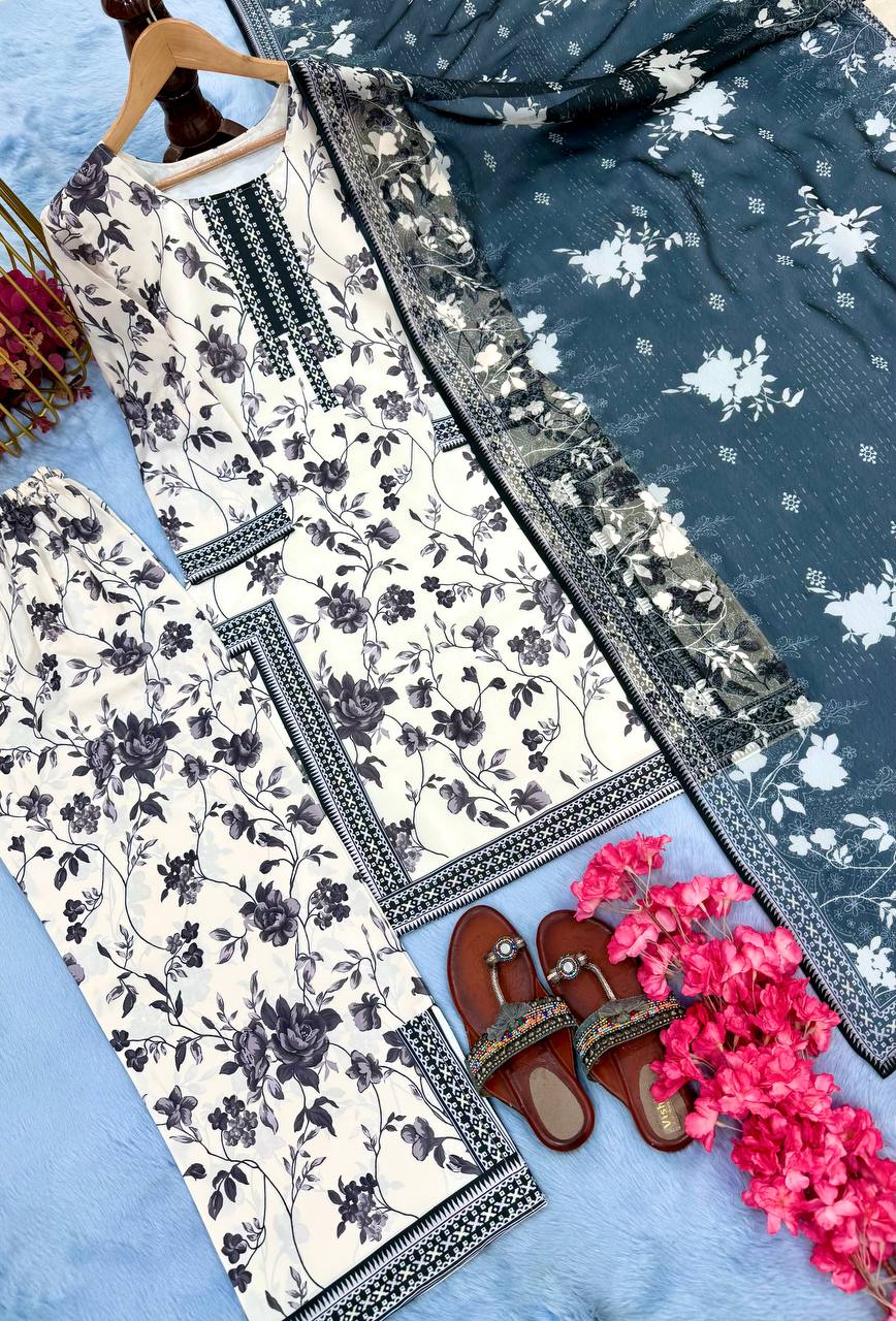 White Digital Printed Pure Natural Crepe Kurti Plazzo Set with Printed Chiffon Georgette Dupatta – Fully Stitched