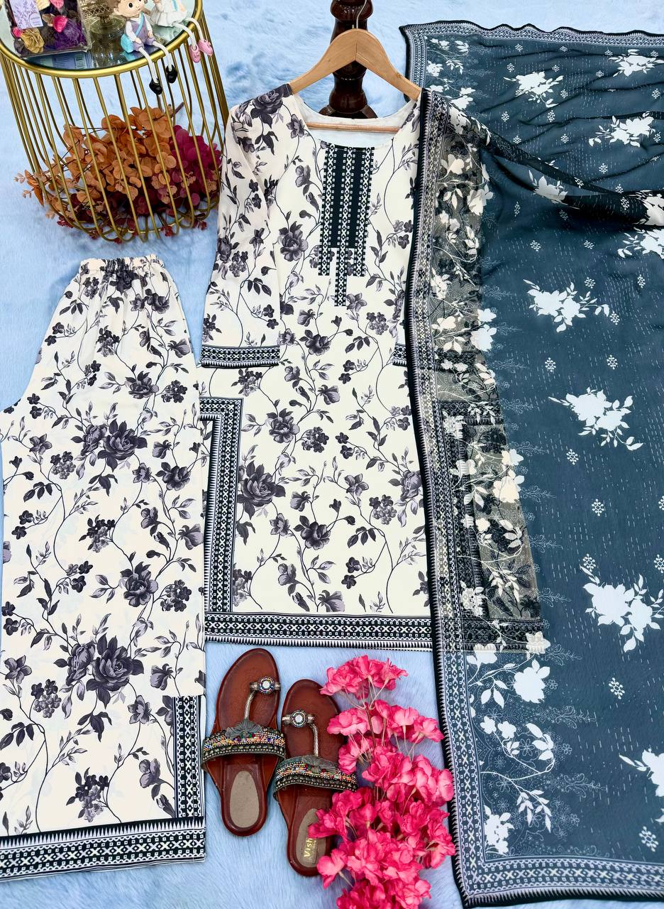 White Digital Printed Pure Natural Crepe Kurti Plazzo Set with Printed Chiffon Georgette Dupatta – Fully Stitched