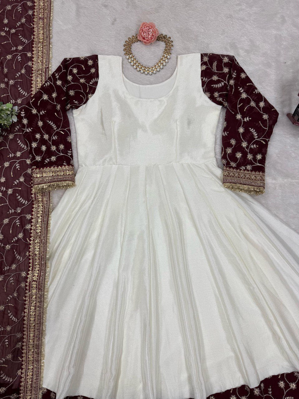 White Eid Special Elegant Chinon Silk Suit with Dupatta