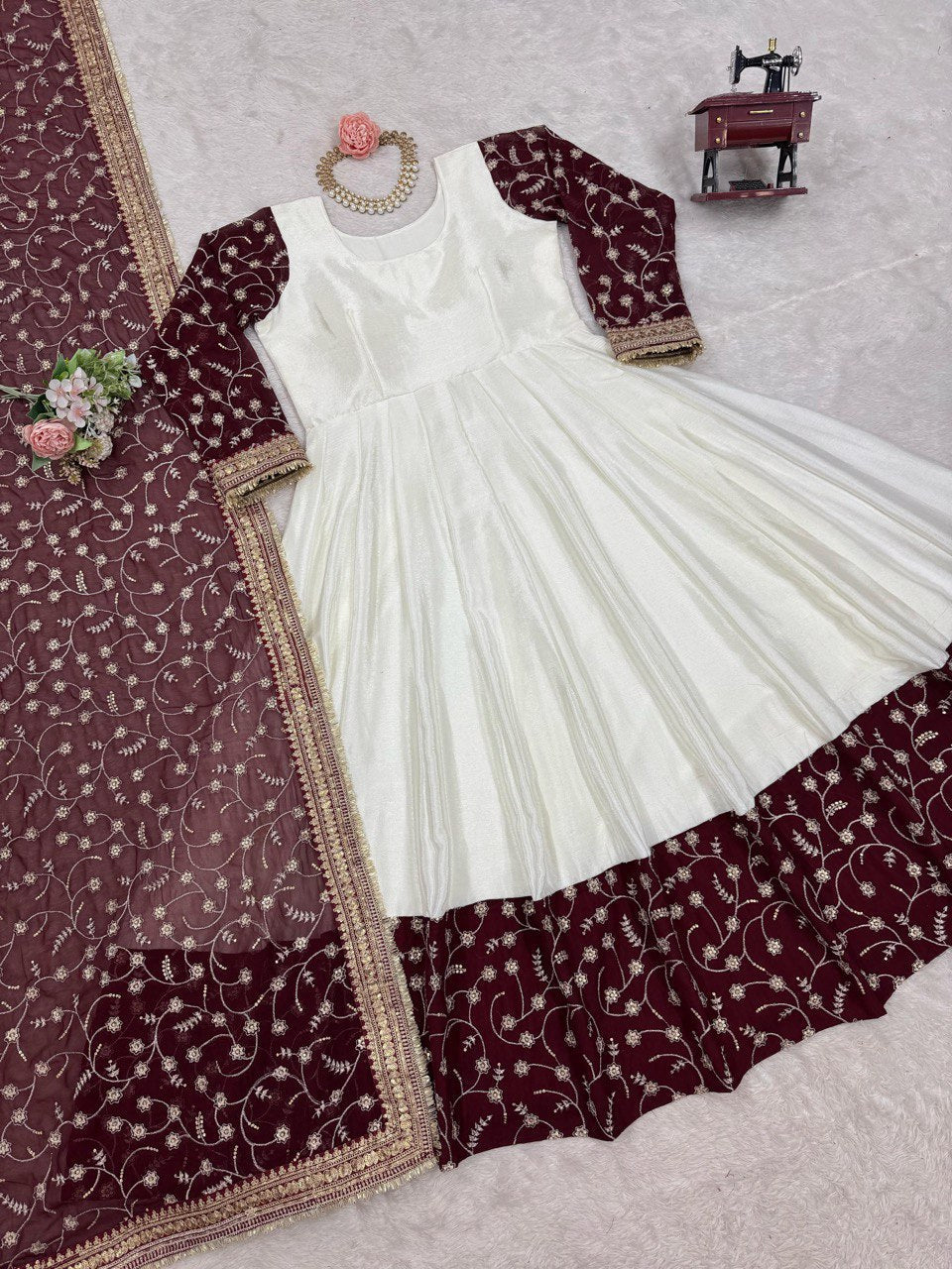 White Eid Special Elegant Chinon Silk Suit with Dupatta