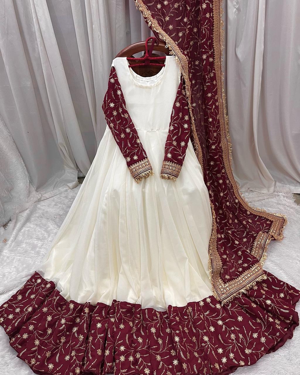 White Eid Special Elegant Chinon Silk Suit with Dupatta