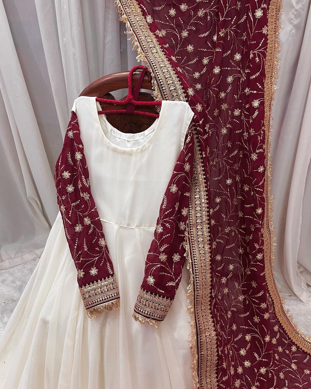 White Eid Special Elegant Chinon Silk Suit with Dupatta