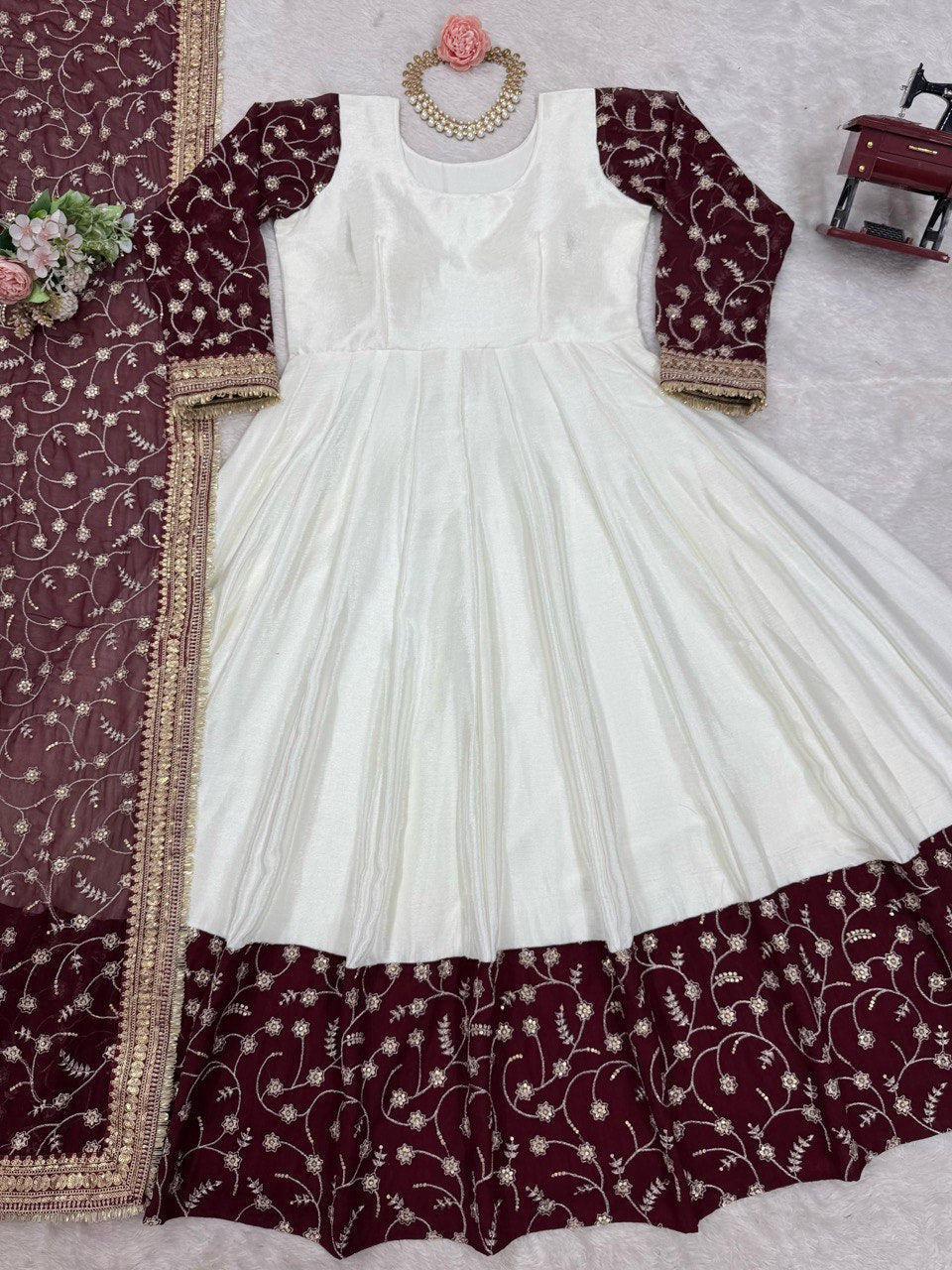 White Eid Special Elegant Chinon Silk Suit with Dupatta
