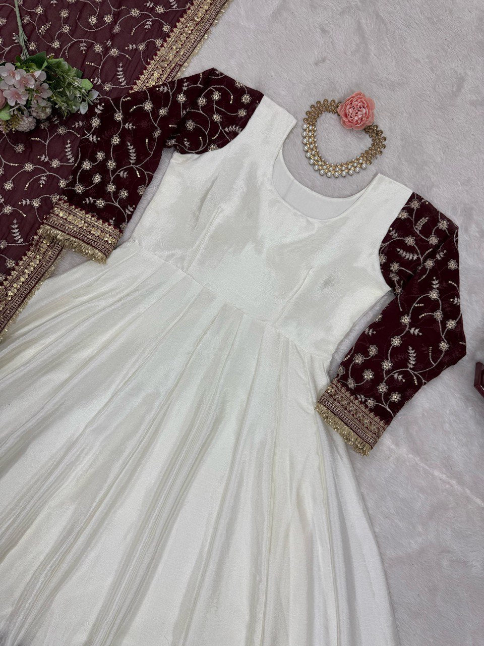 White Eid Special Elegant Chinon Silk Suit with Dupatta
