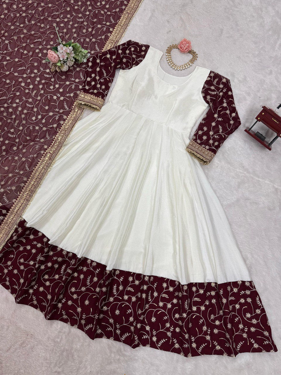 White Eid Special Elegant Chinon Silk Suit with Dupatta