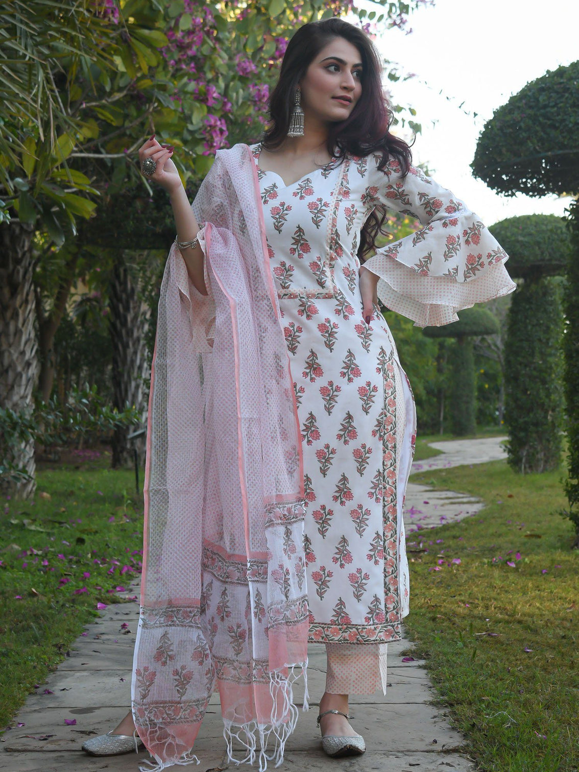 White Elegant Block Printed Kurta Pant Dupatta Set in Magic Cotton and Kota Silk