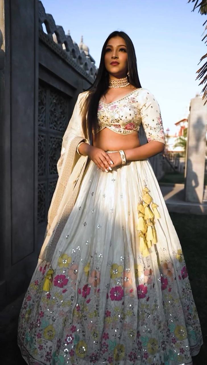 White Elegant Chinon Semi-Stitched Lehenga Set with Sequence Work & Jequard Lace Dupatta
