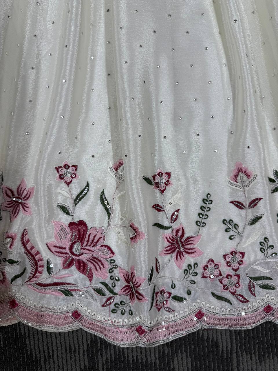 White Elegant Chinon Silk Suit Set with Dupatta  Thread, Sequin & Mukesh Work Full-Stitched Ethnic Ensemble