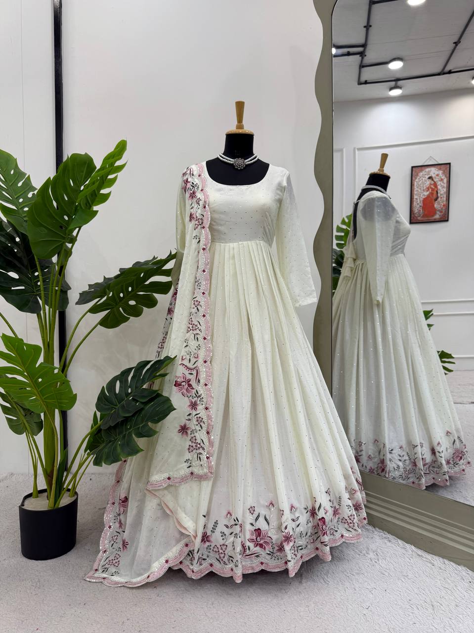 White Elegant Chinon Silk Suit Set with Dupatta  Thread, Sequin & Mukesh Work Full-Stitched Ethnic Ensemble