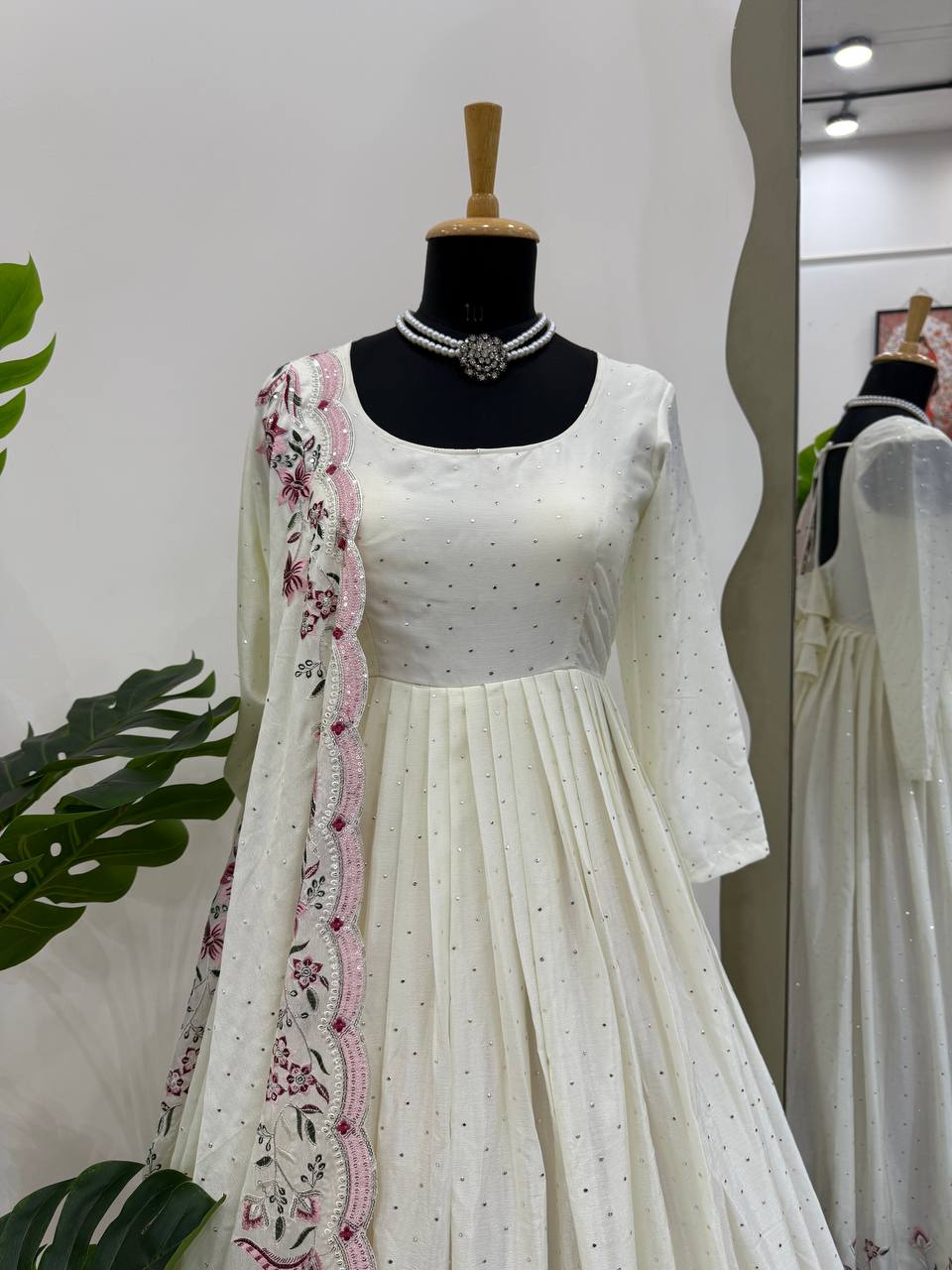 White Elegant Chinon Silk Suit Set with Dupatta  Thread, Sequin & Mukesh Work Full-Stitched Ethnic Ensemble