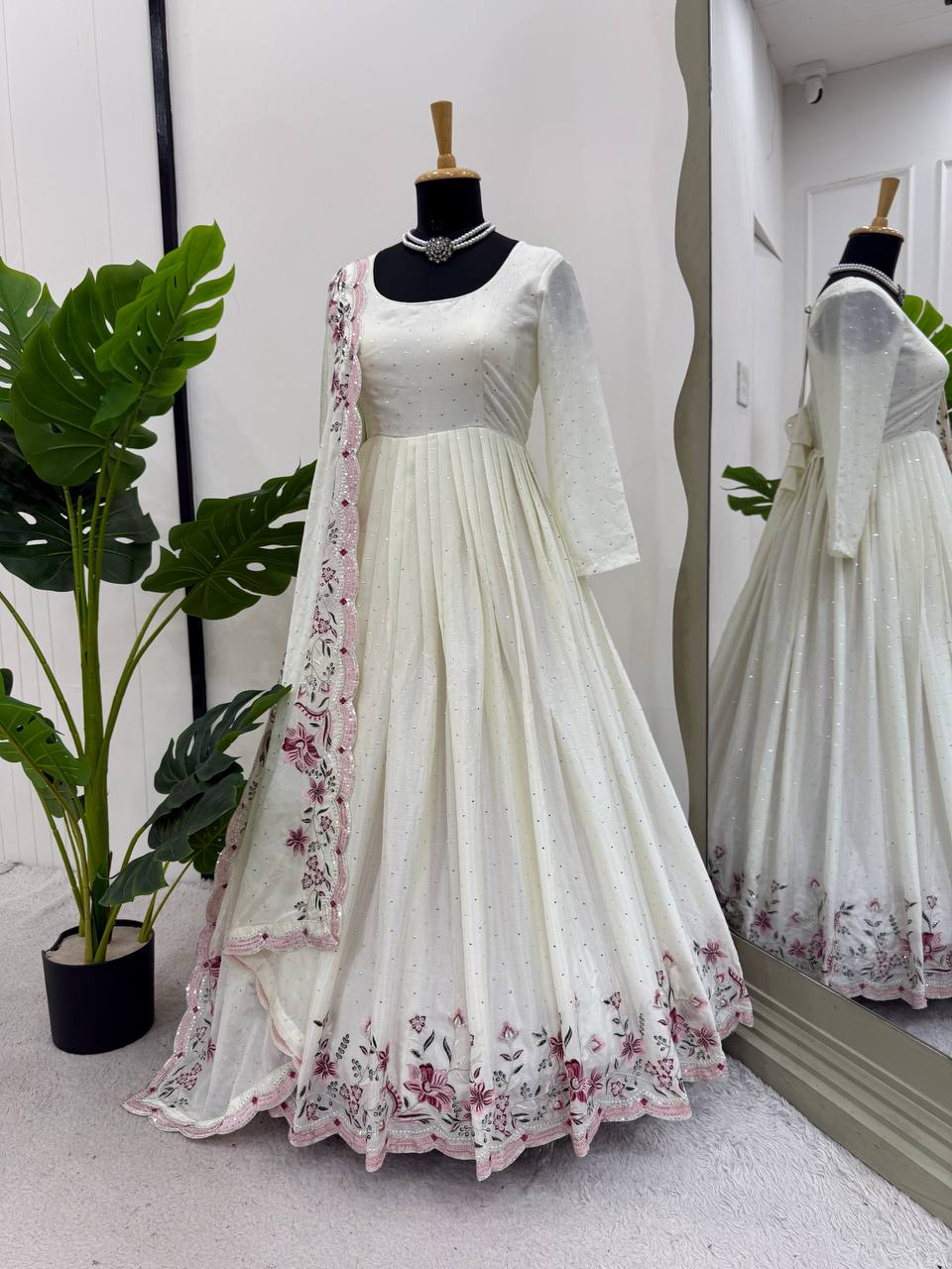 White Elegant Chinon Silk Suit Set with Dupatta  Thread, Sequin & Mukesh Work Full-Stitched Ethnic Ensemble
