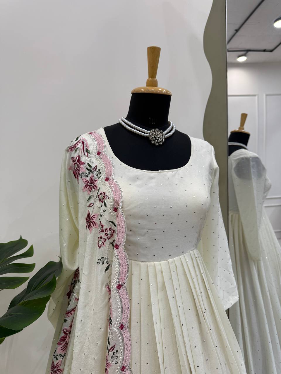 White Elegant Chinon Silk Suit Set with Dupatta  Thread, Sequin & Mukesh Work Full-Stitched Ethnic Ensemble