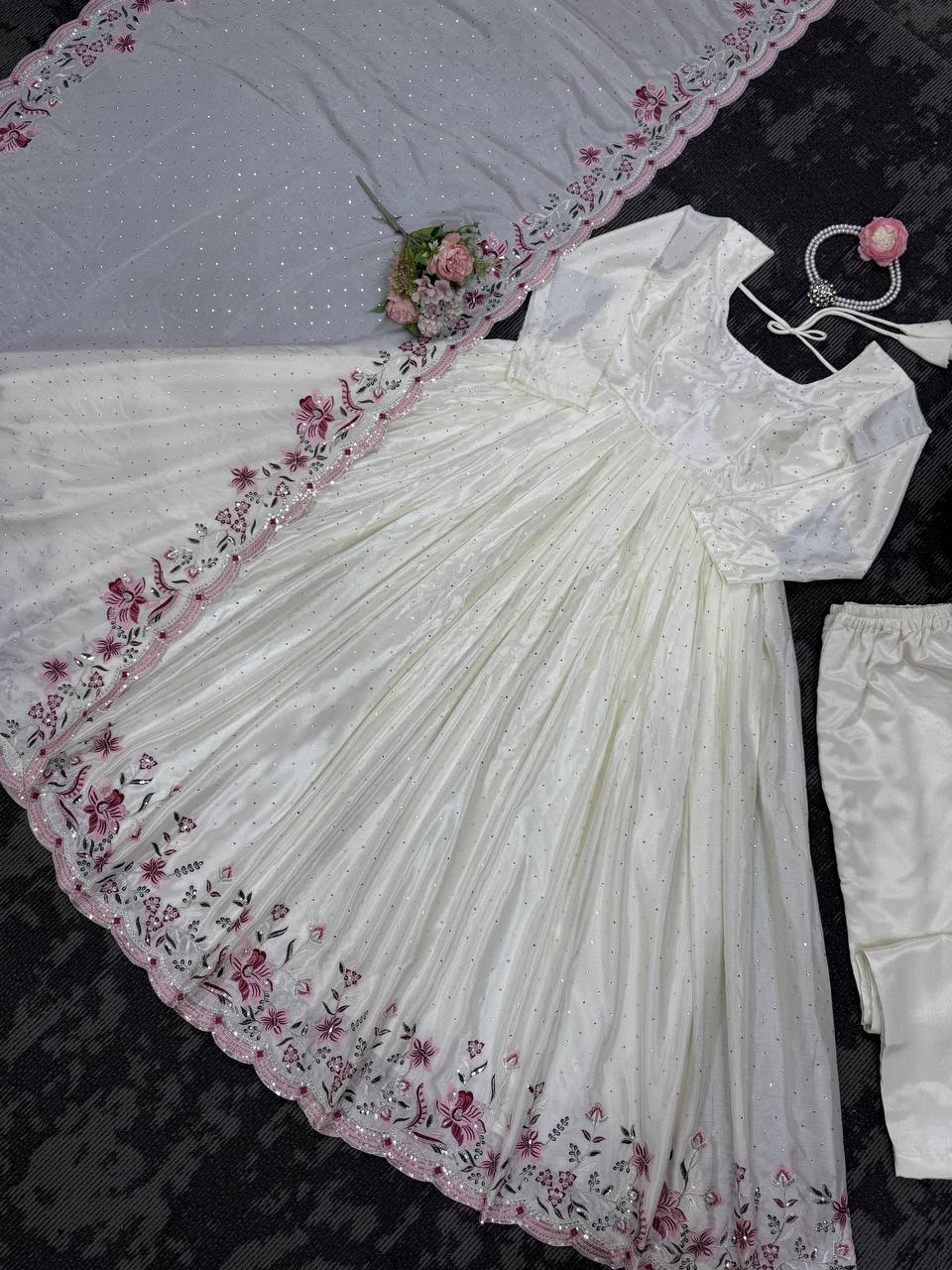 White Elegant Chinon Silk Suit Set with Dupatta  Thread, Sequin & Mukesh Work Full-Stitched Ethnic Ensemble