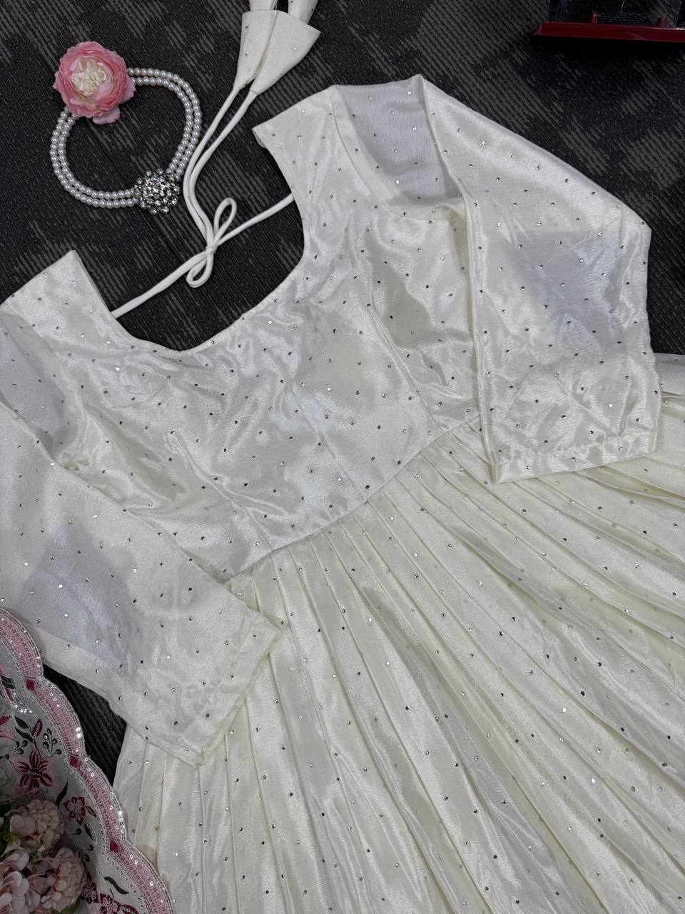 White Elegant Chinon Silk Suit Set with Dupatta  Thread, Sequin & Mukesh Work Full-Stitched Ethnic Ensemble