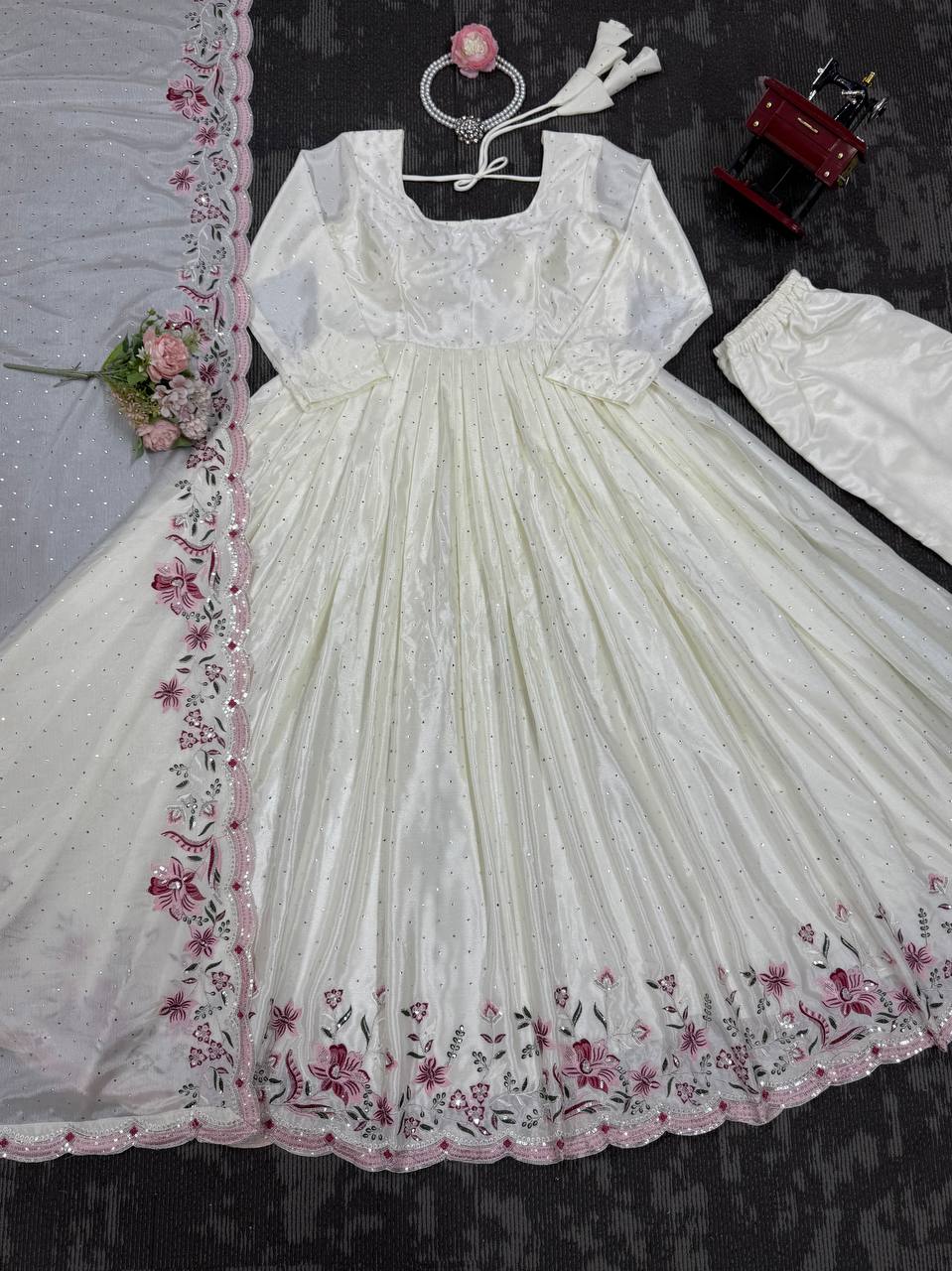 White Elegant Chinon Silk Suit Set with Dupatta  Thread, Sequin & Mukesh Work Full-Stitched Ethnic Ensemble