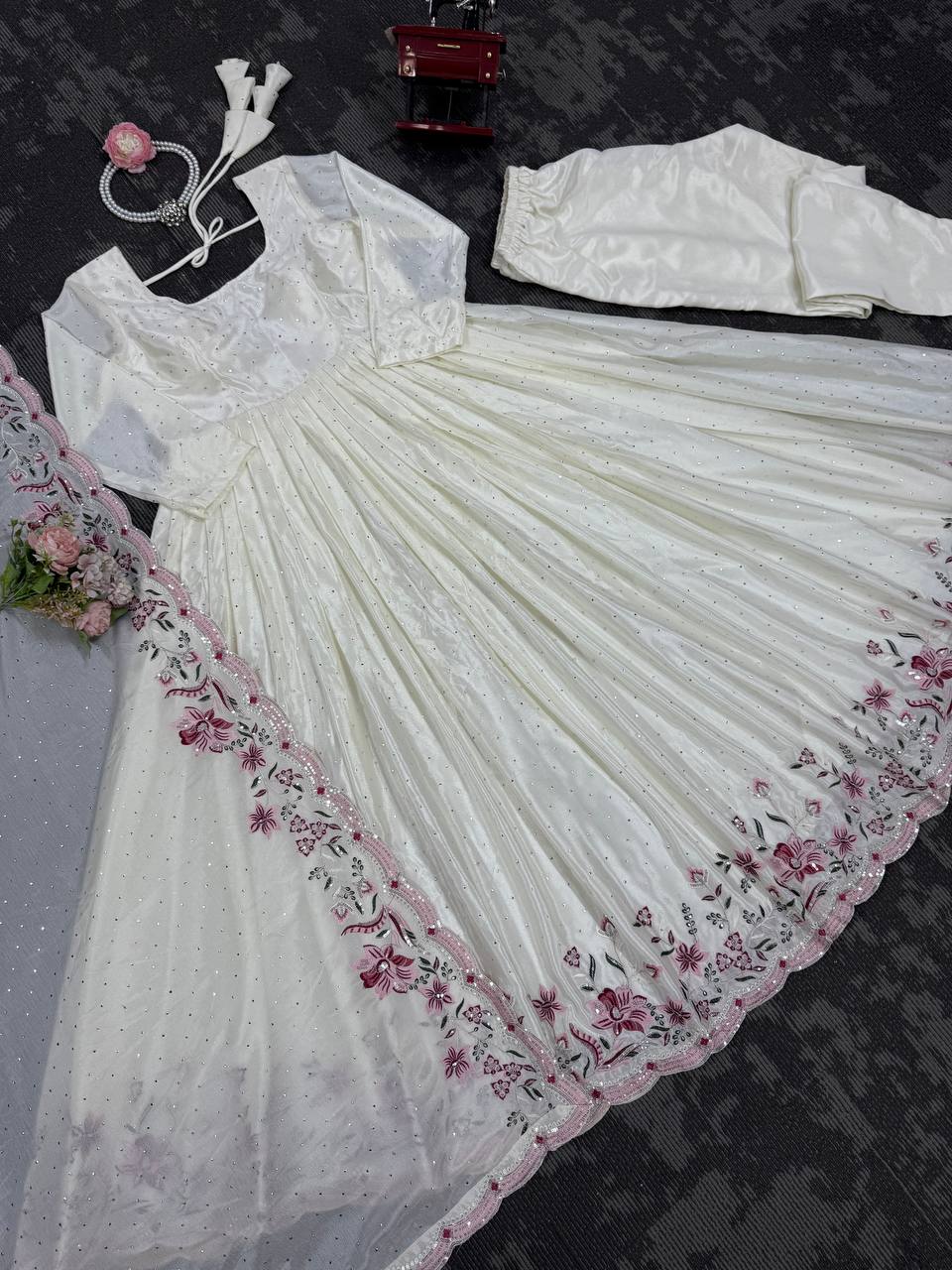 White Elegant Chinon Silk Suit Set with Dupatta  Thread, Sequin & Mukesh Work Full-Stitched Ethnic Ensemble