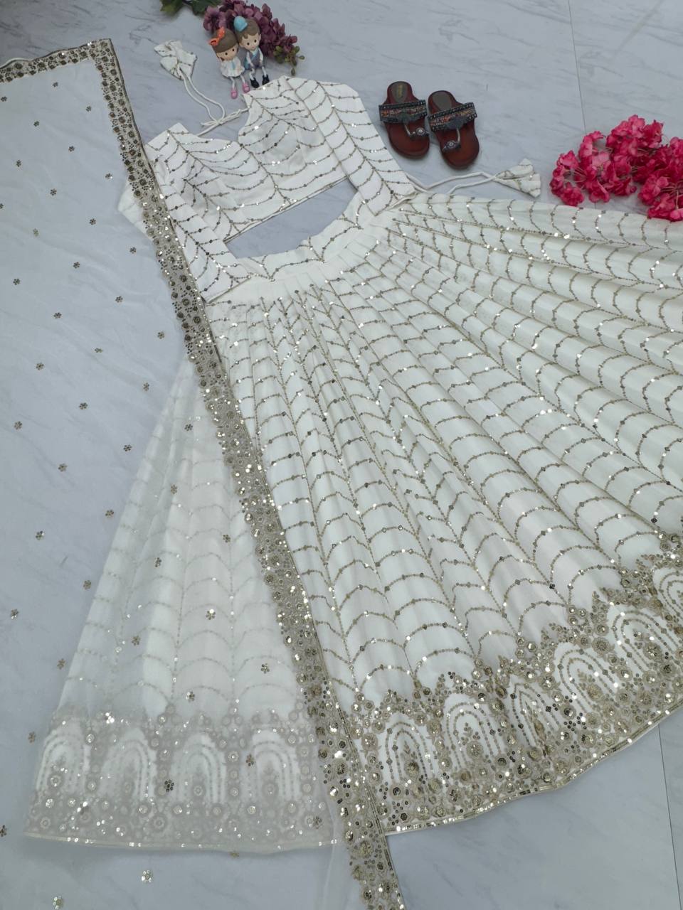 White Elegant Designer Lehenga-Choli Set with Embroidery & Sequence Work
