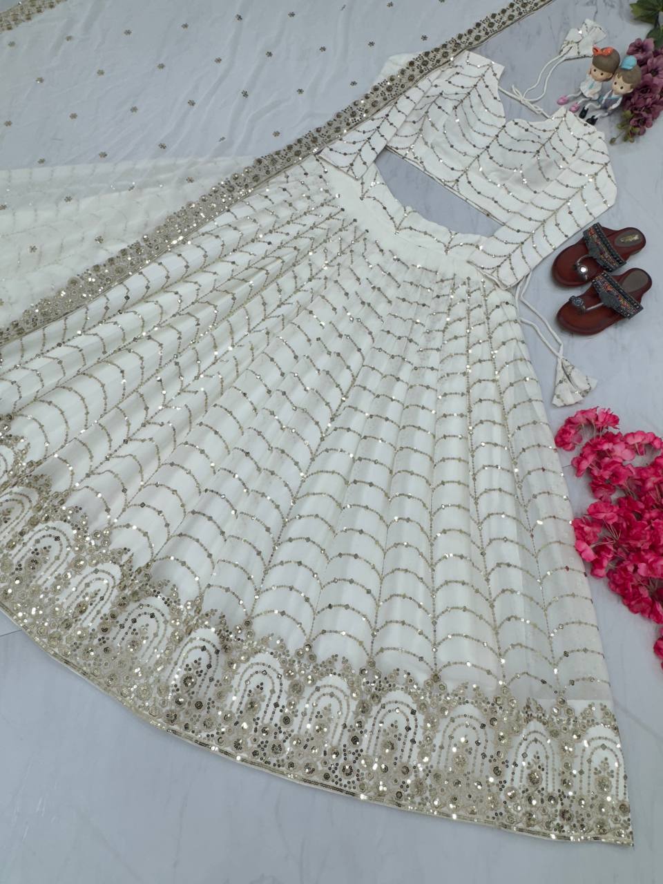 White Elegant Designer Lehenga-Choli Set with Embroidery & Sequence Work