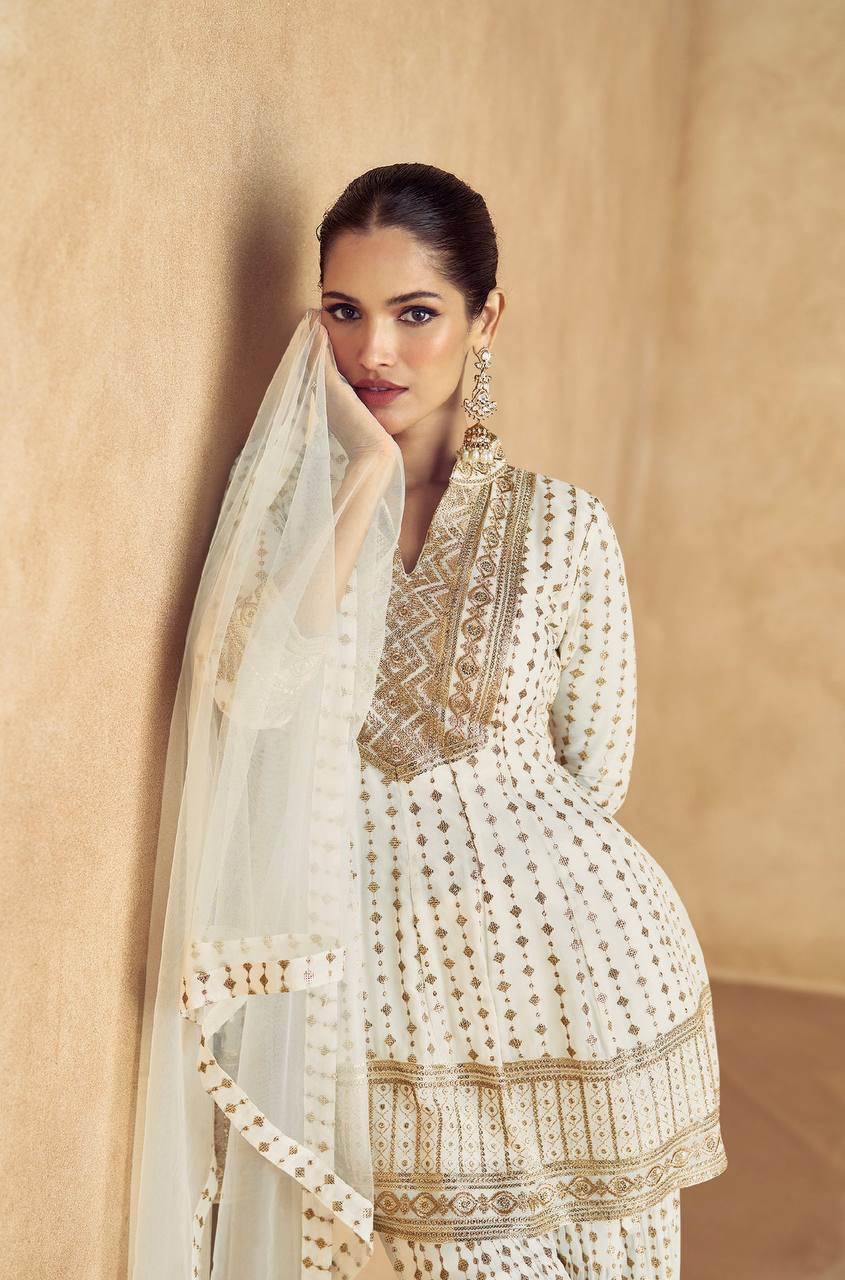 White Elegant Embroidered Chinon Plazo Suit with Dupatta