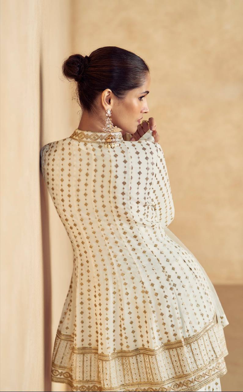 White Elegant Embroidered Chinon Plazo Suit with Dupatta