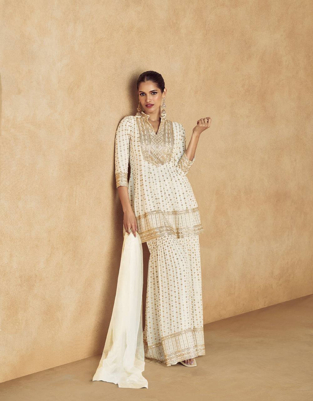 White Elegant Embroidered Chinon Plazo Suit with Dupatta