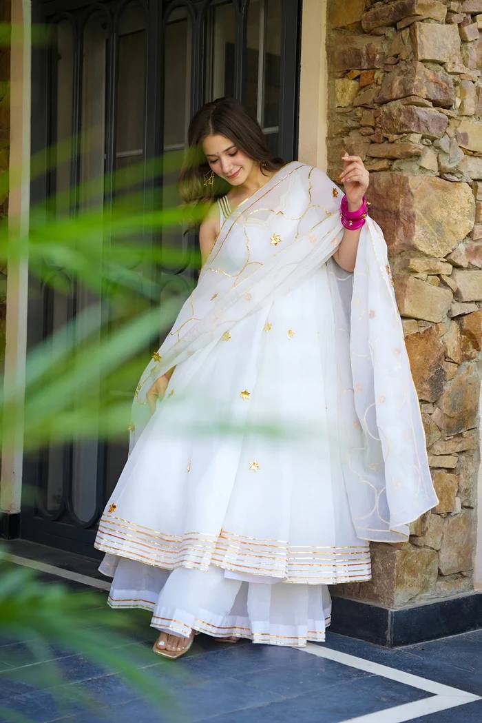 White Elegant Faux Georgette Anarkali Gown Set with 4-Meter Flair, Soft Georgette Dupatta & Plazo Bottom – Fully Stitched Party Wear Set for Women