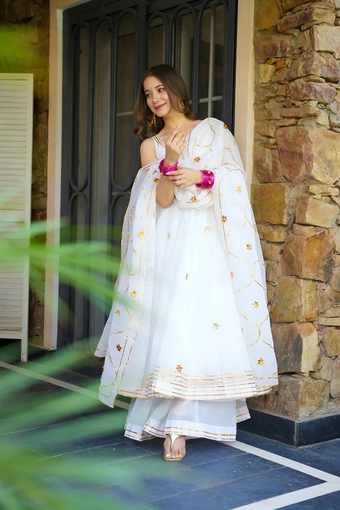 White Elegant Faux Georgette Anarkali Gown Set with 4-Meter Flair, Soft Georgette Dupatta & Plazo Bottom – Fully Stitched Party Wear Set for Women