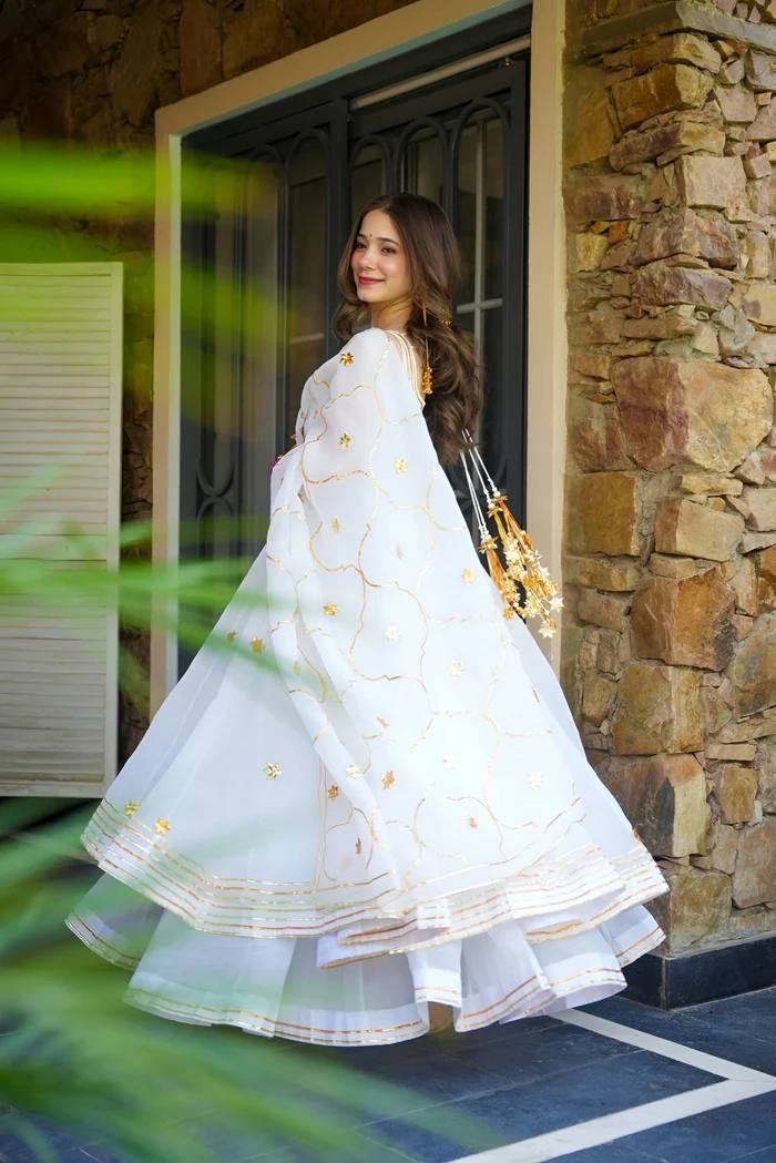 White Elegant Faux Georgette Anarkali Gown Set with 4-Meter Flair, Soft Georgette Dupatta & Plazo Bottom – Fully Stitched Party Wear Set for Women