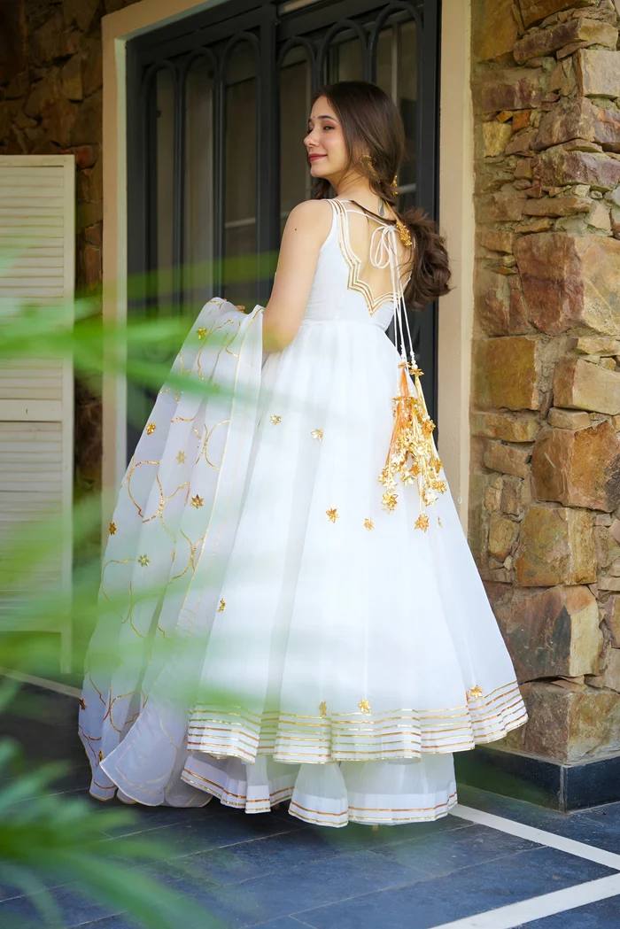 White Elegant Faux Georgette Anarkali Gown Set with 4-Meter Flair, Soft Georgette Dupatta & Plazo Bottom – Fully Stitched Party Wear Set for Women