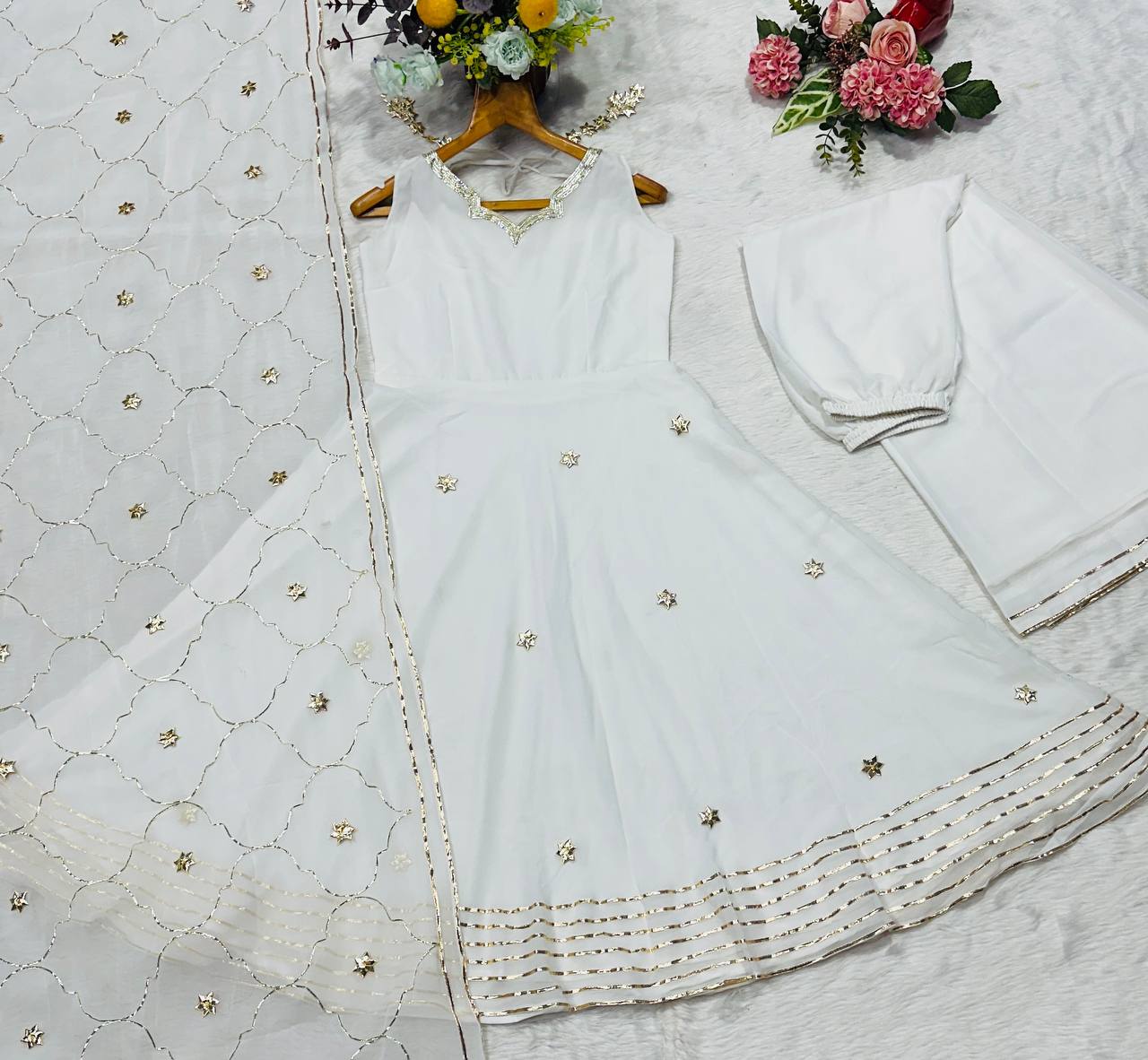 White Elegant Faux Georgette Anarkali Gown Set with 4-Meter Flair, Soft Georgette Dupatta & Plazo Bottom – Fully Stitched Party Wear Set for Women