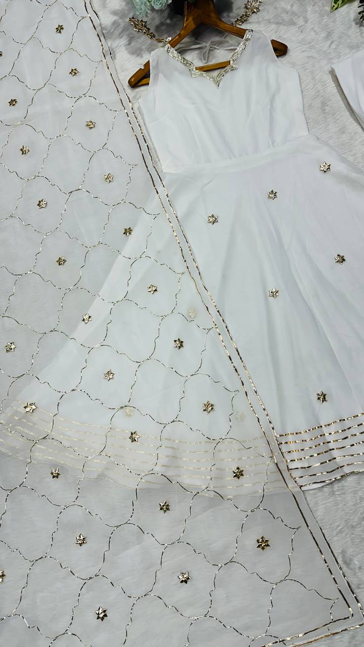 White Elegant Faux Georgette Anarkali Gown Set with 4-Meter Flair, Soft Georgette Dupatta & Plazo Bottom – Fully Stitched Party Wear Set for Women