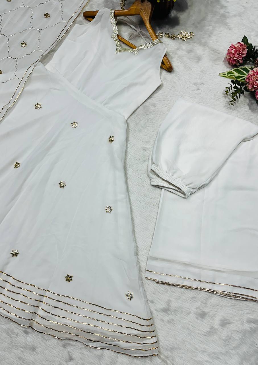 White Elegant Faux Georgette Anarkali Gown Set with 4-Meter Flair, Soft Georgette Dupatta & Plazo Bottom – Fully Stitched Party Wear Set for Women