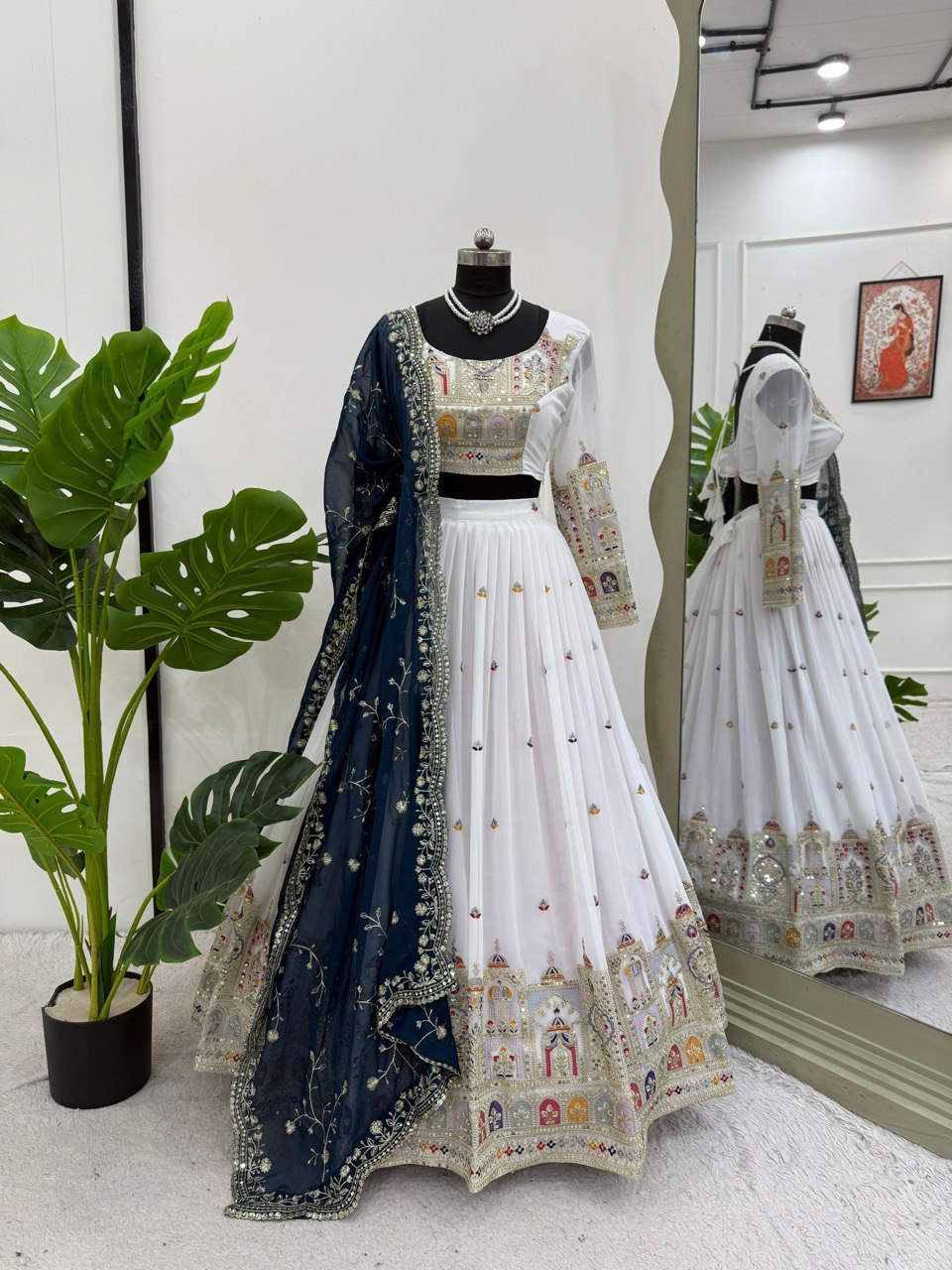 White Elegant Faux Georgette Lehenga Choli Set with Heavy Embroidery & Dupatta