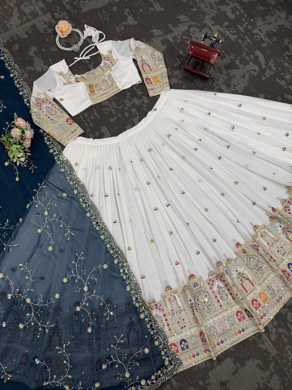 White Elegant Faux Georgette Lehenga Choli Set with Heavy Embroidery & Dupatta