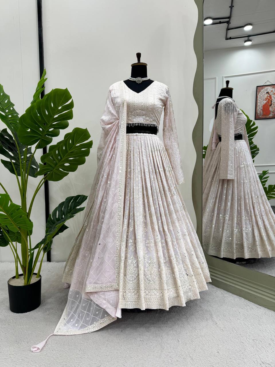 White Elegant Faux Georgette Lehenga Choli Set with  Sequin Work & Designer Dupatta