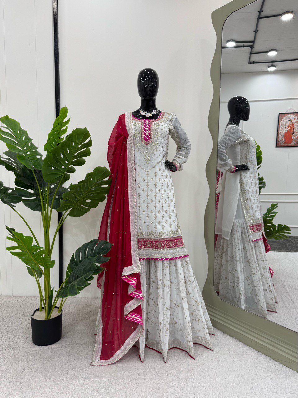White Elegant Faux Georgette Sharara Set with Dupatta
