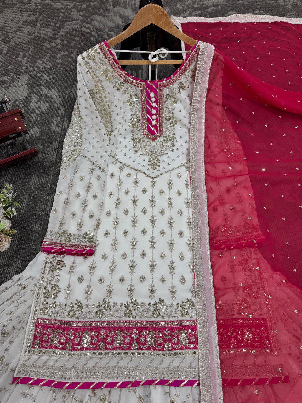 White Elegant Faux Georgette Sharara Set with Dupatta