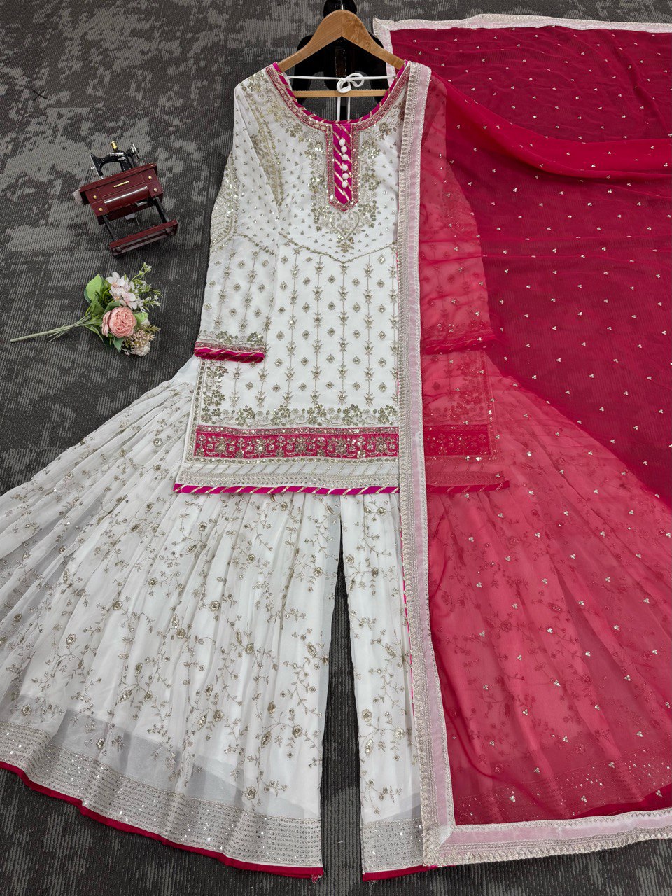 White Elegant Faux Georgette Sharara Set with Dupatta