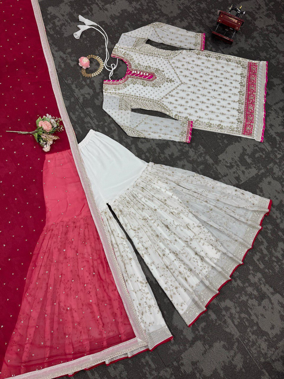 White Elegant Faux Georgette Sharara Set with Dupatta