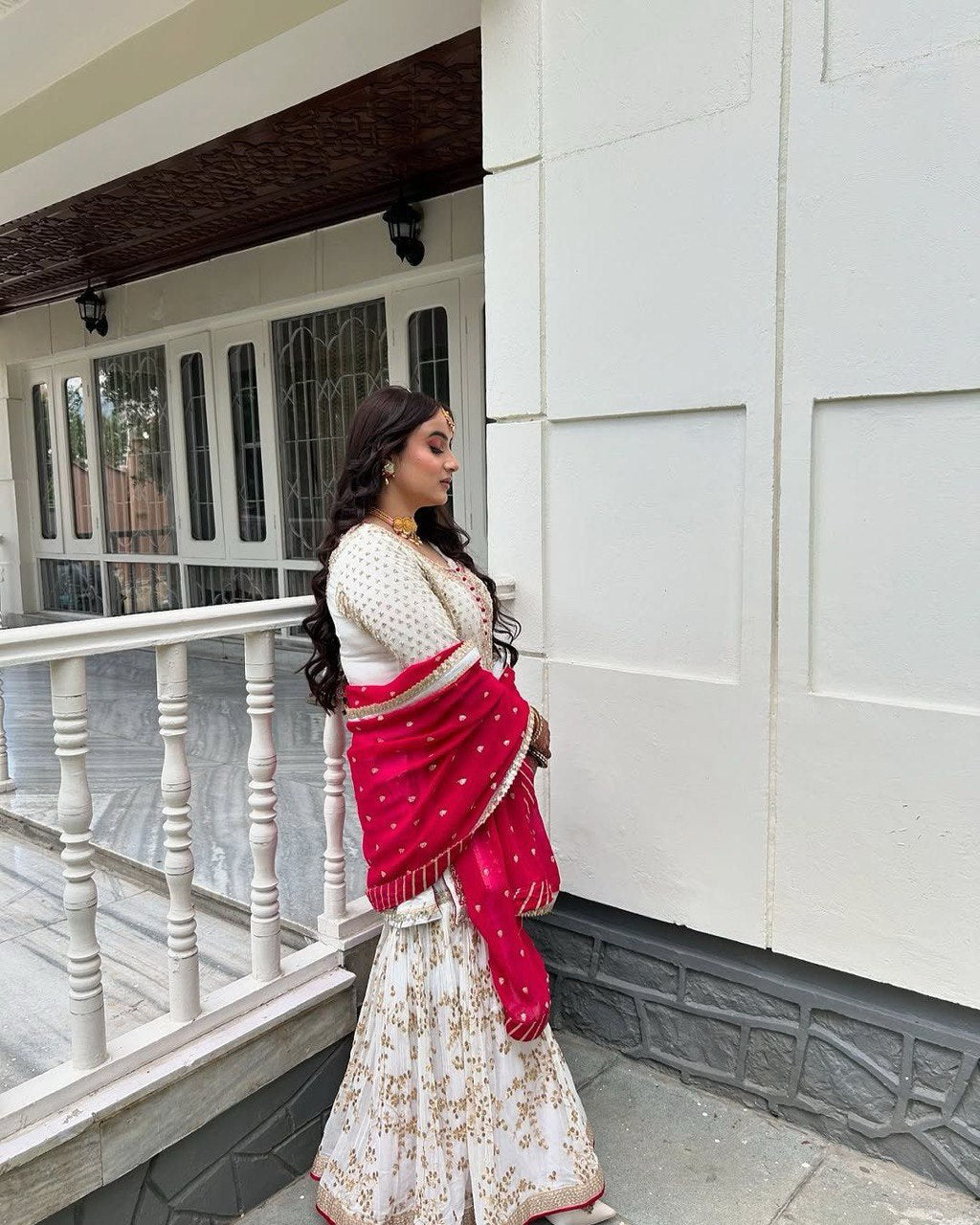 White Elegant Faux Georgette Sharara Set with Dupatta