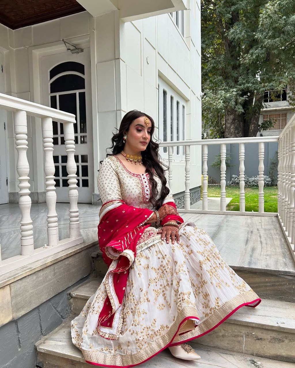 White Elegant Faux Georgette Sharara Set with Dupatta