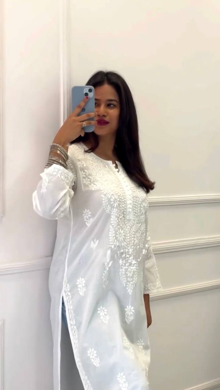 White Elegant Faux Georgette Thread Work Kurti