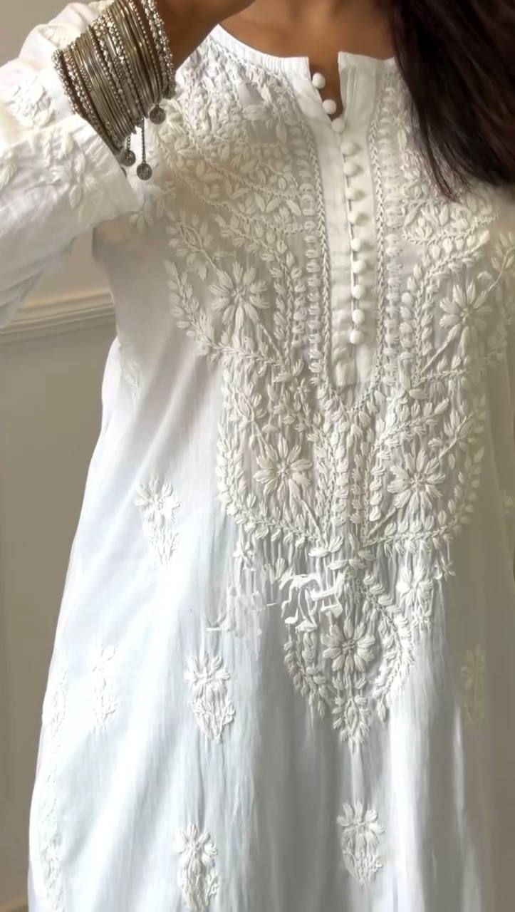 White Elegant Faux Georgette Thread Work Kurti