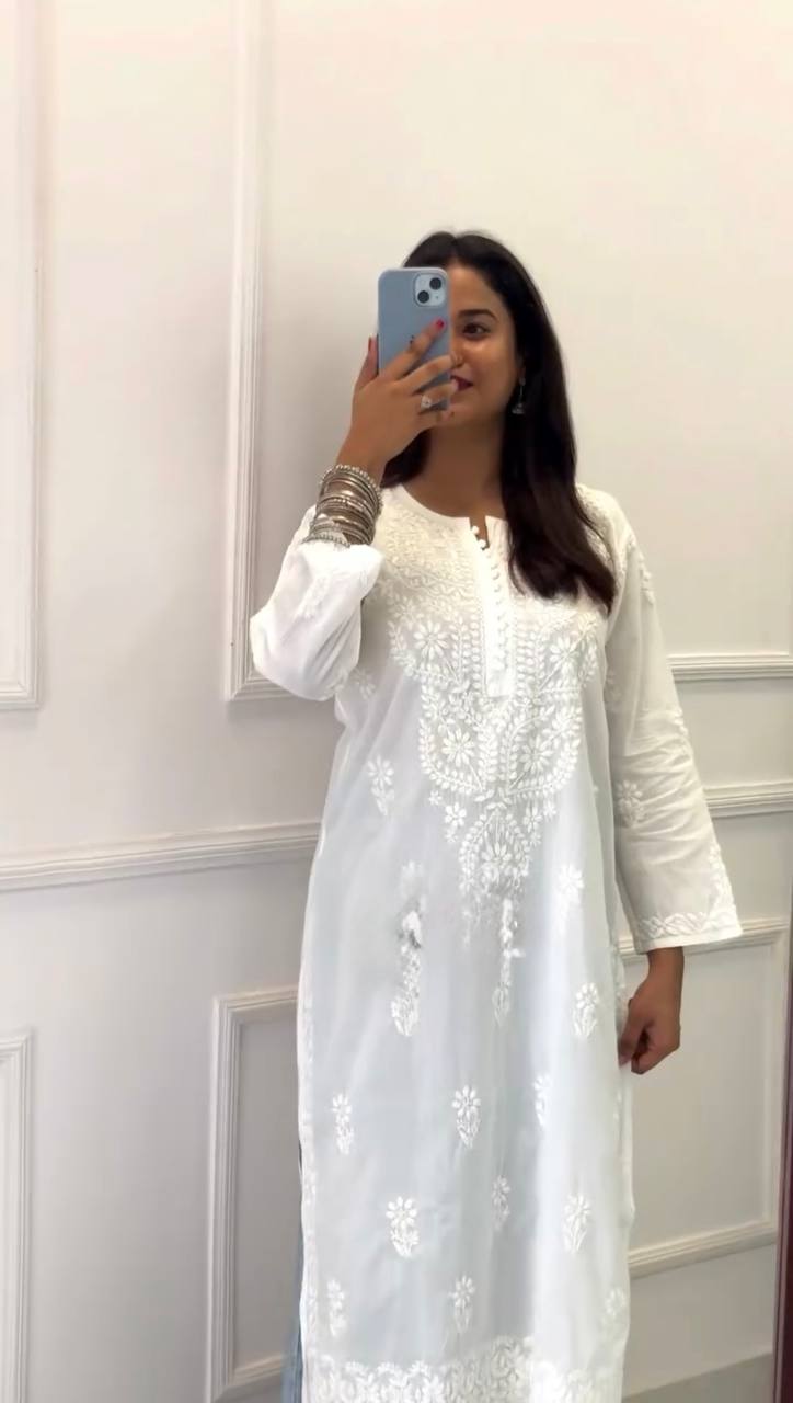 White Elegant Faux Georgette Thread Work Kurti
